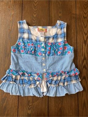 Vintage Chic Blue Floral, Gingham & Plaid Ruffle Tank - Kids